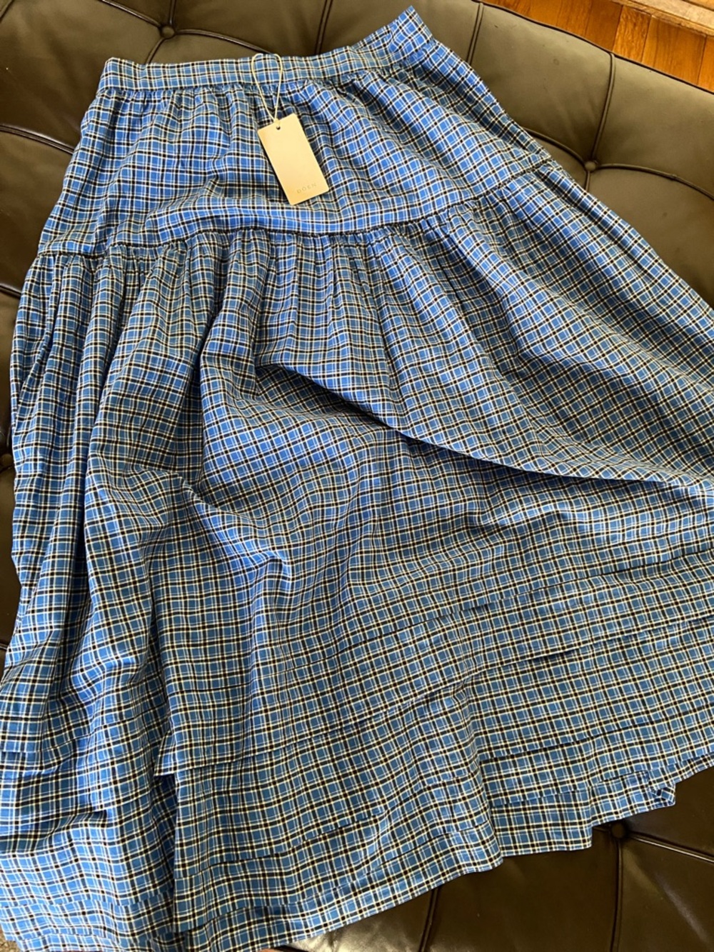 DÔEN Sebastiane Tiered Checked Voile Midi Skirt NWT in Blue Cassis Check - Picture 6 of 7
